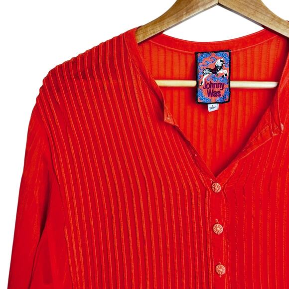 Johnny Was Peplum Top Womens L Red Embroidered Floral Scalloped Boho Cottagecore - Picture 3 of 13